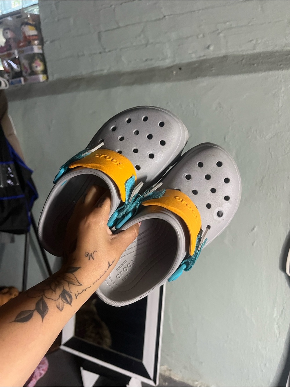 Kids Gray Clog Shoes with Yellow Strap and Teal Accents